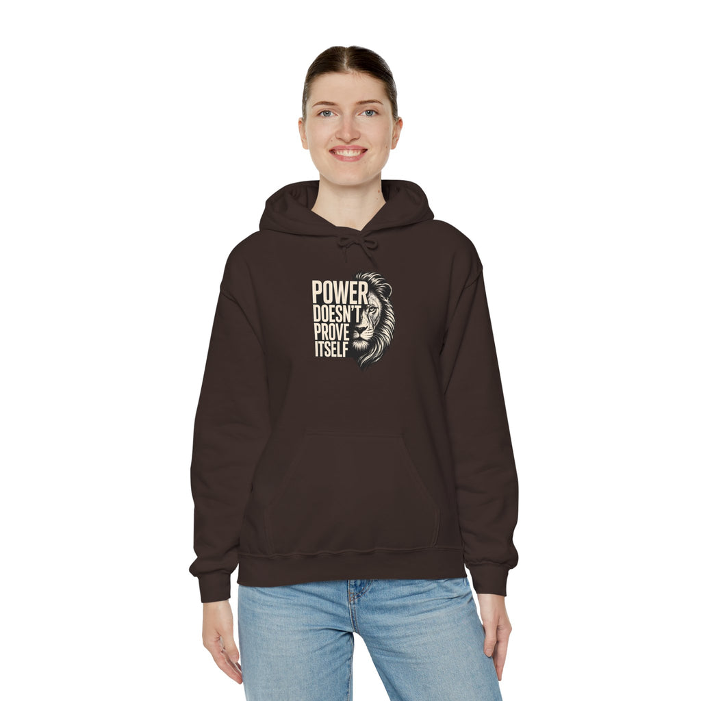 Lion 'Power Doesn't Prove Itself' Hoodie — Inspirational Graphic Sweatshirt