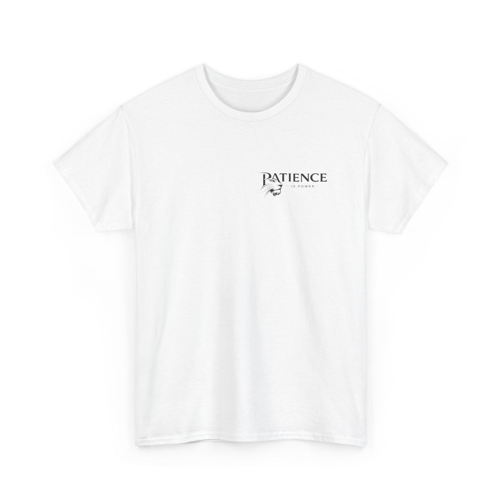 Patience Minimalist Tee — Small Script Floral Chest Print