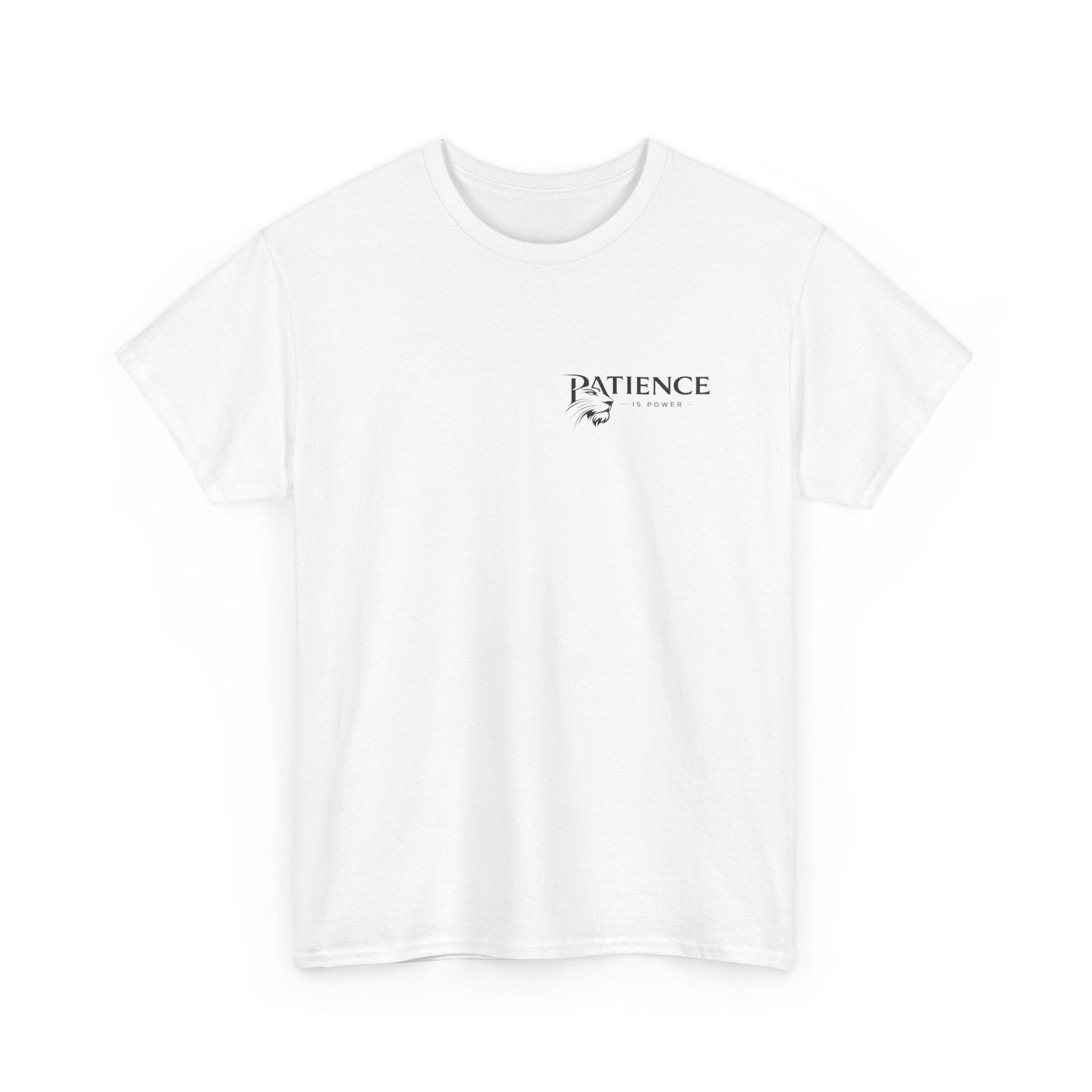 Patience Minimalist Tee — Small Script Floral Chest Print