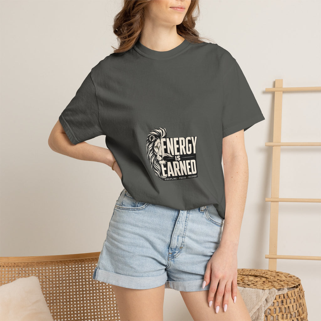 Energy Is Earned T-Shirt — Lion Graphic Motivational Tee
