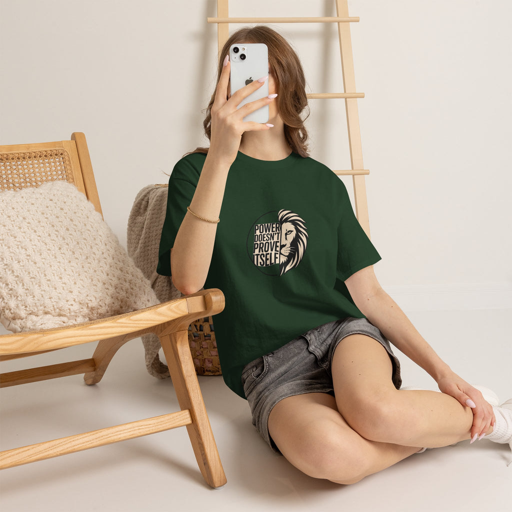 Lion Graphic Tee — "Power Doesn't Prove Itself" Motivational T-Shirt