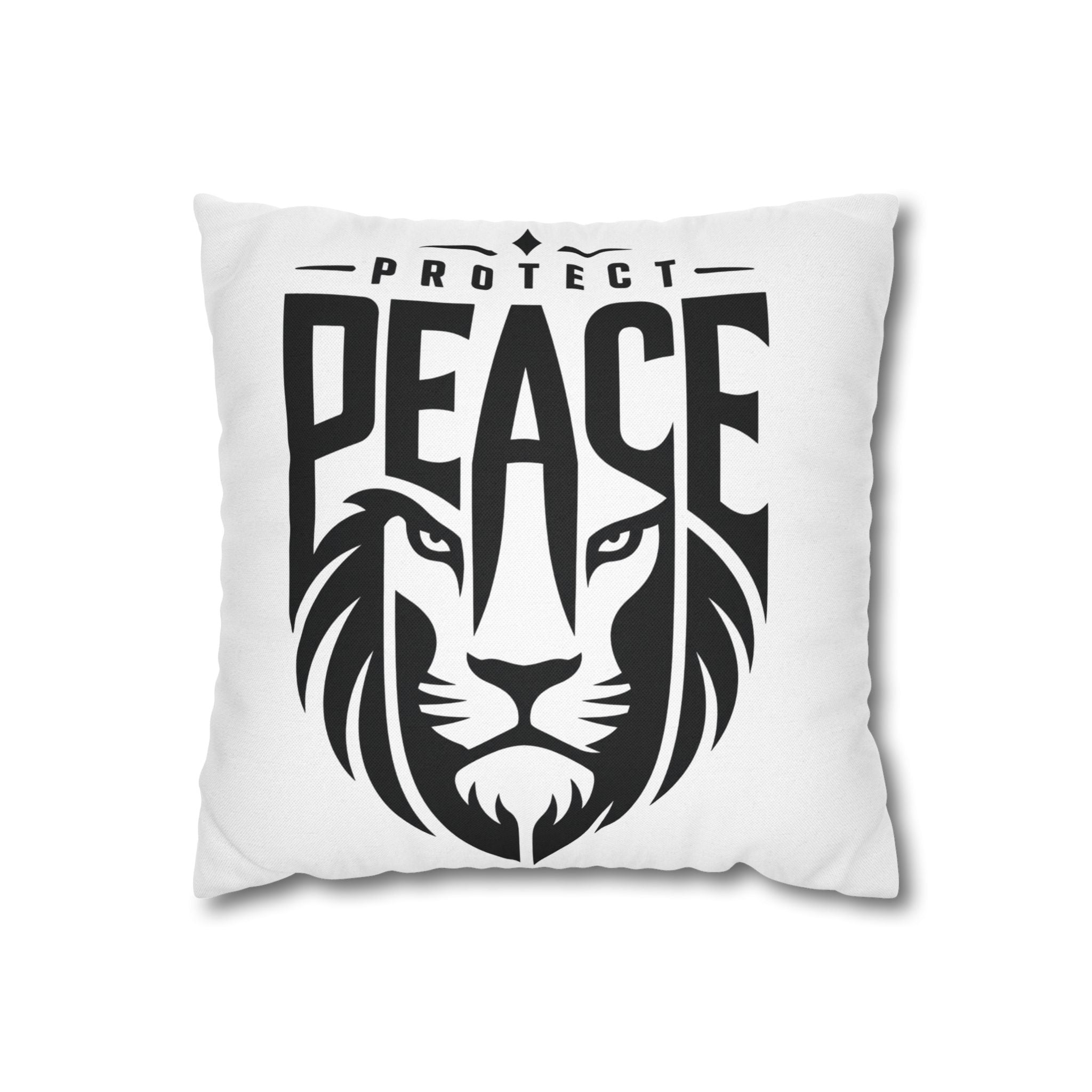 Protect Peace Lion Pillowcase — Bold Black & White Decorative Throw Pillow