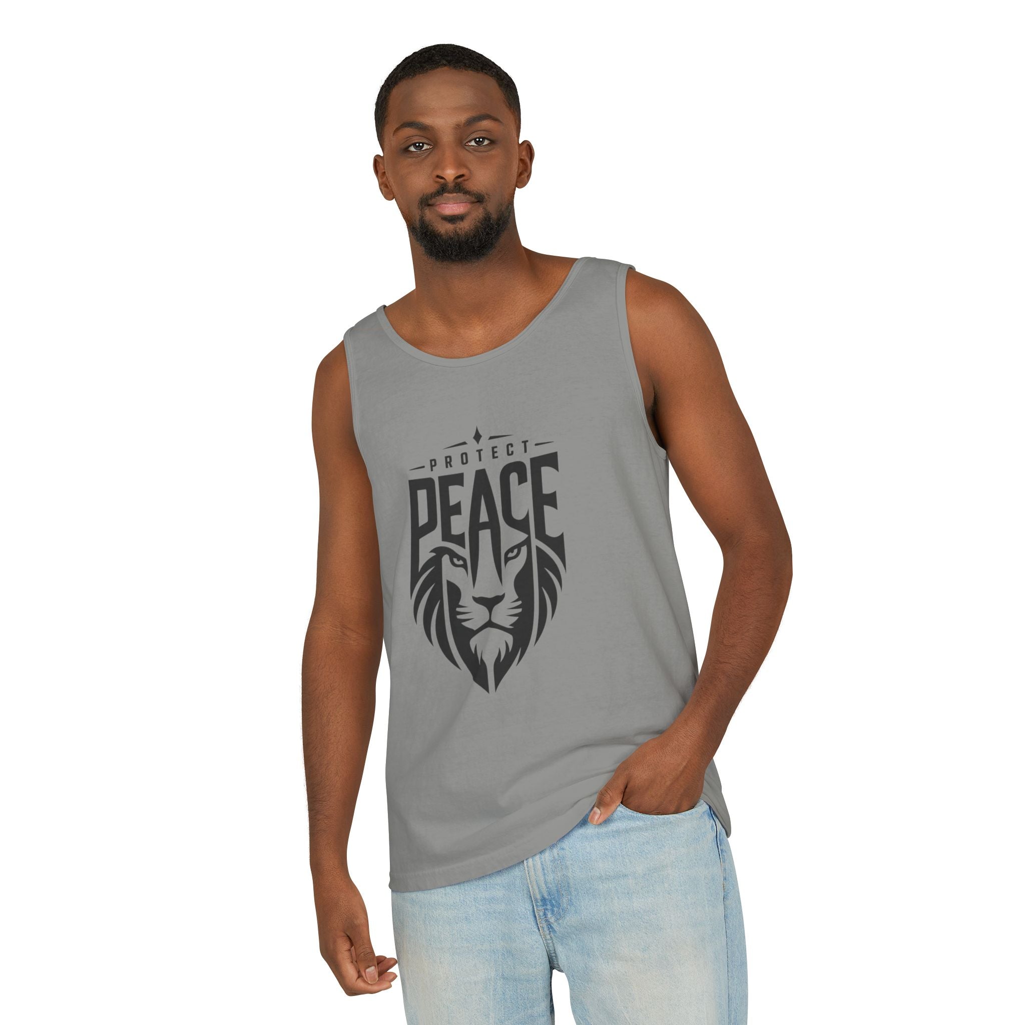Protect Peace Lion Tank Top — Graphic Lion Shield Spiritual Tee