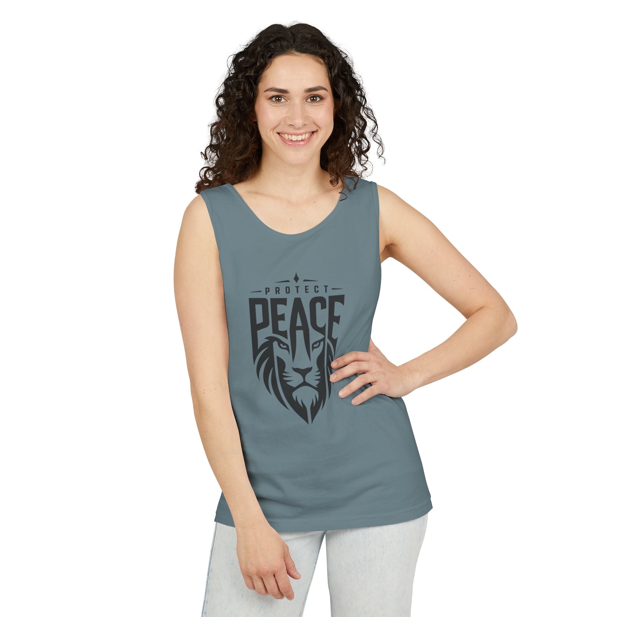 Protect Peace Lion Tank Top — Graphic Lion Shield Spiritual Tee