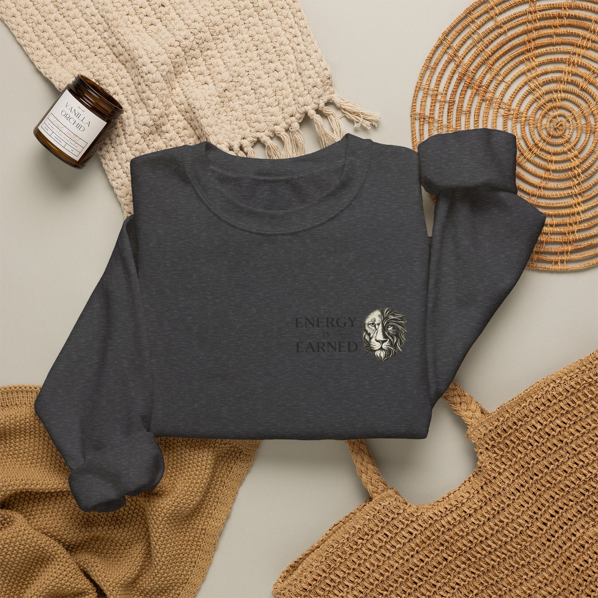 Energy Earned Crewneck Sweatshirt — Minimalist Motivational Graphic