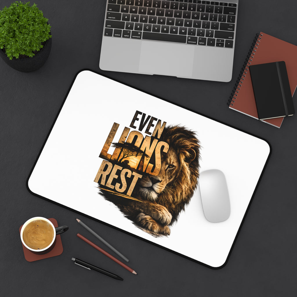 Desk Mat — "Even Lions Rest" Lion Graphic Gaming/Office Mouse Pad