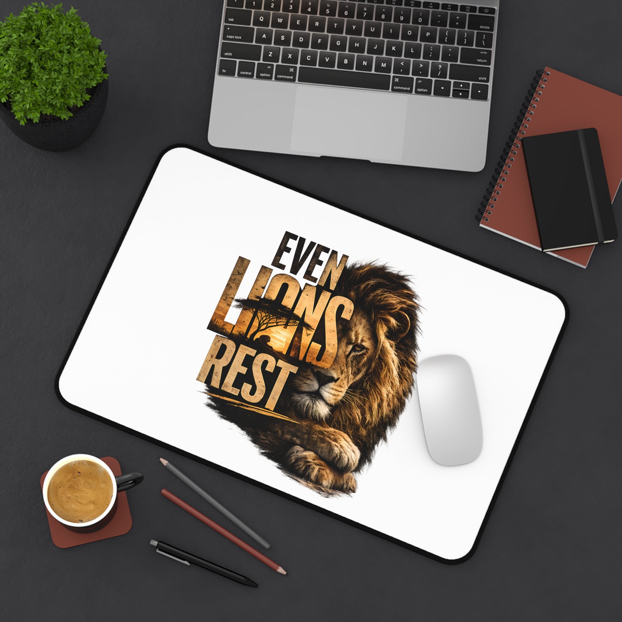 Desk Mat — "Even Lions Rest" Lion Graphic Gaming/Office Mouse Pad