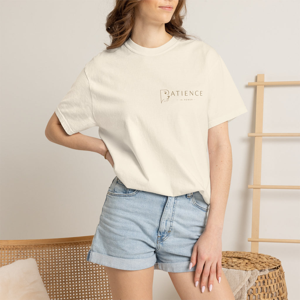 Patience Minimalist Tee — White Inspirational Graphic T-Shirt