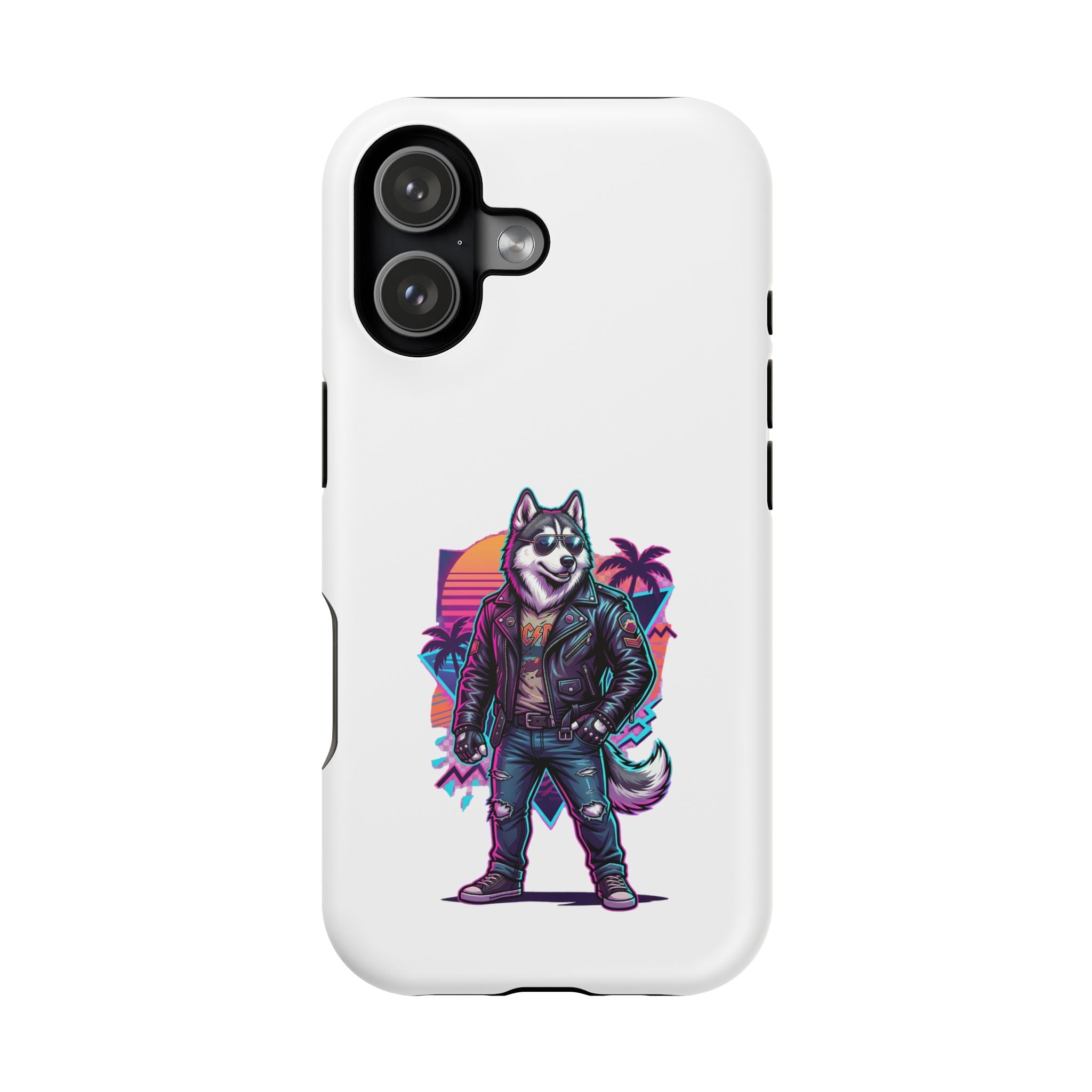 Husky Biker Phone Case — Retro Neon Motorcycle Jacket Magnetic Impact-Resistant Case