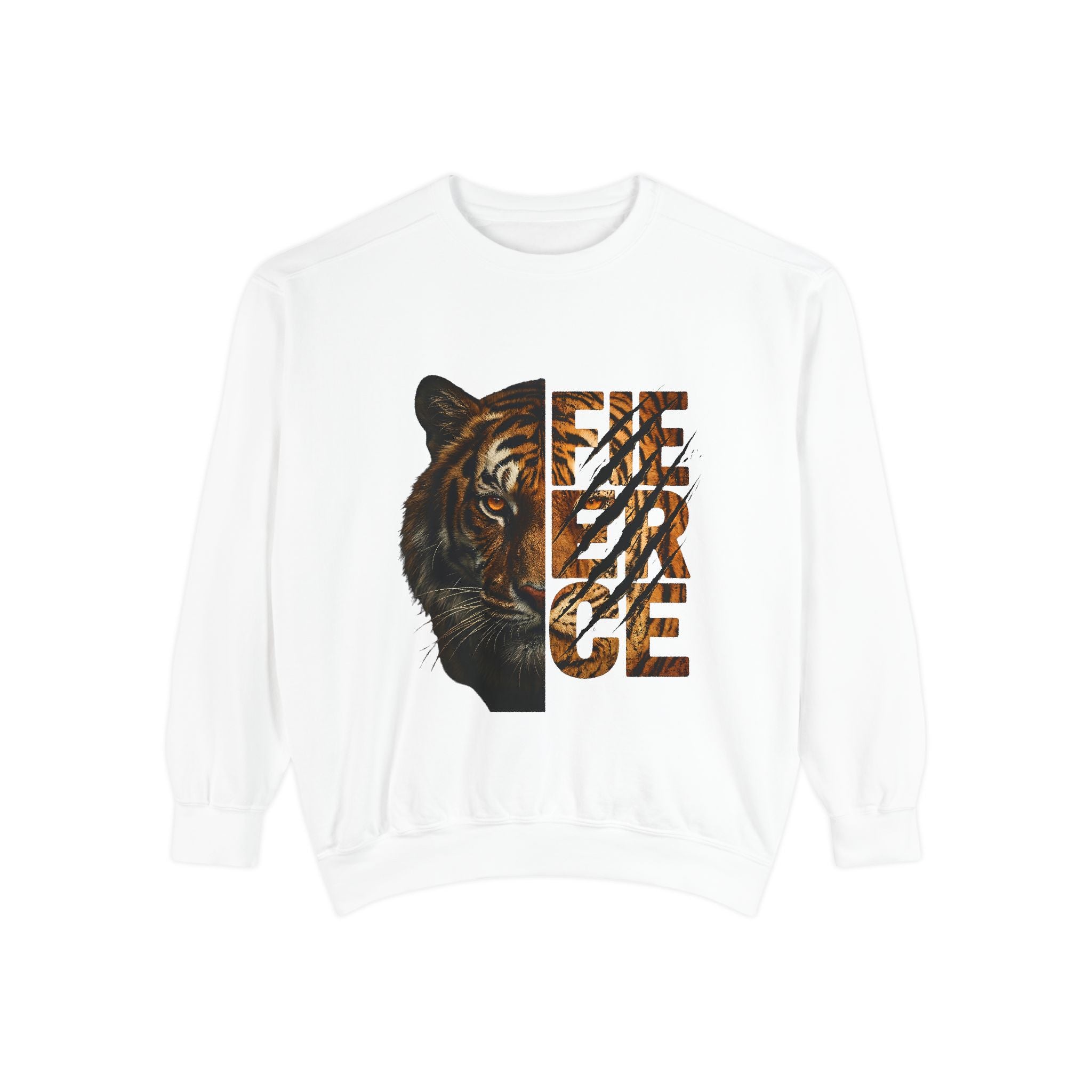 Tiger Fierce Graphic Sweatshirt — 'FIERCE' Split-Image Tiger Crewneck
