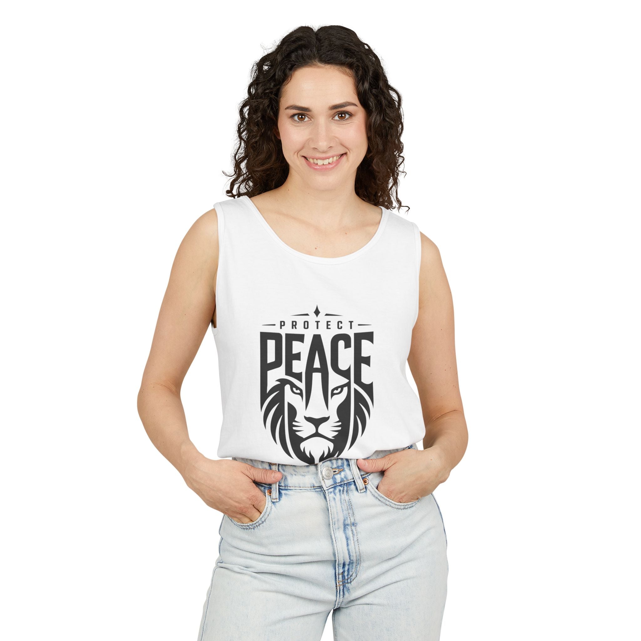 Protect Peace Lion Tank Top — Graphic Lion Shield Spiritual Tee