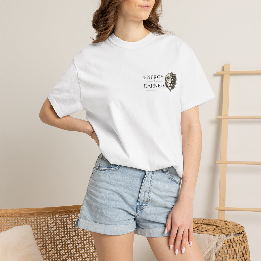 Energy Earned Lion Tee — Minimal Motivational Graphic T-Shirt