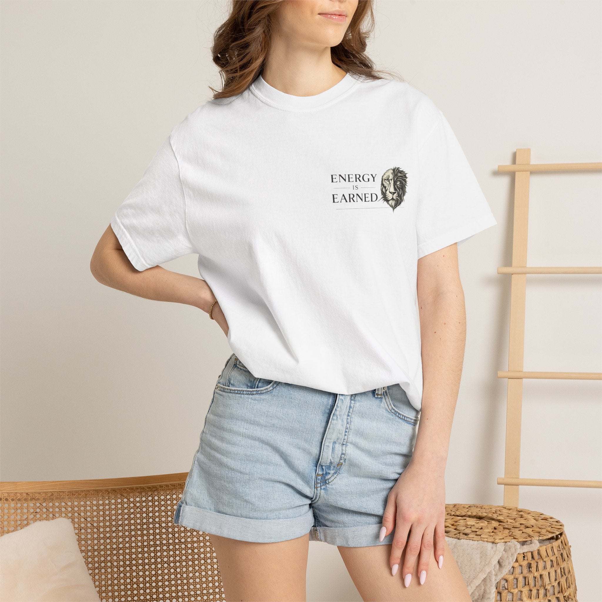 Energy Earned Lion Tee — Minimal Motivational Graphic T-Shirt