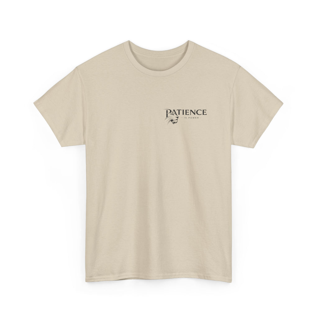 Patience Minimalist Tee — Small Script Floral Chest Print