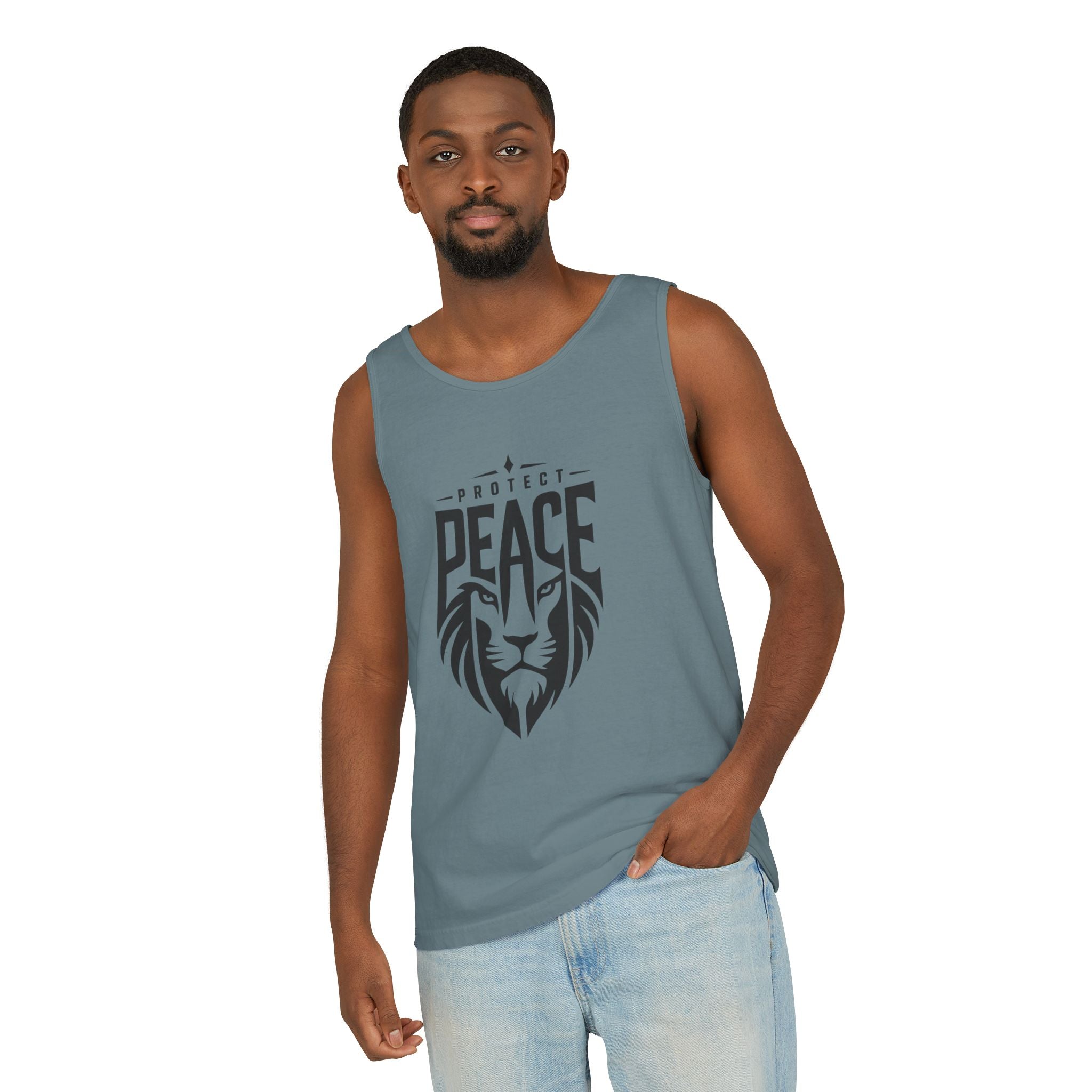 Protect Peace Lion Tank Top — Graphic Lion Shield Spiritual Tee