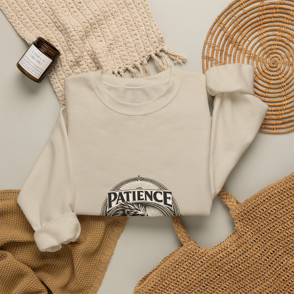 Patience Lion Crewneck Sweatshirt — Vintage Emblem Graphic